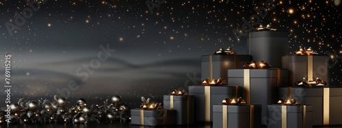 Black Friday elegant gift set of graphite boxes with golden ribbons and bows against a black starry wall, suitable also for Christmas - background with copy space