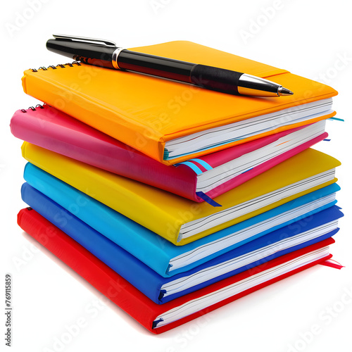 Stack of colorful notebooks with pens isolated on white background, minimalism, png 
