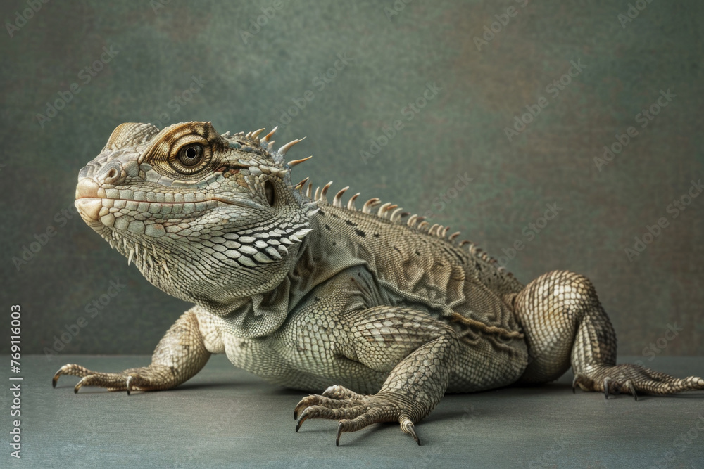 Obraz premium A purebred lizard poses for a portrait in a studio with a solid color background during a pet photoshoot.