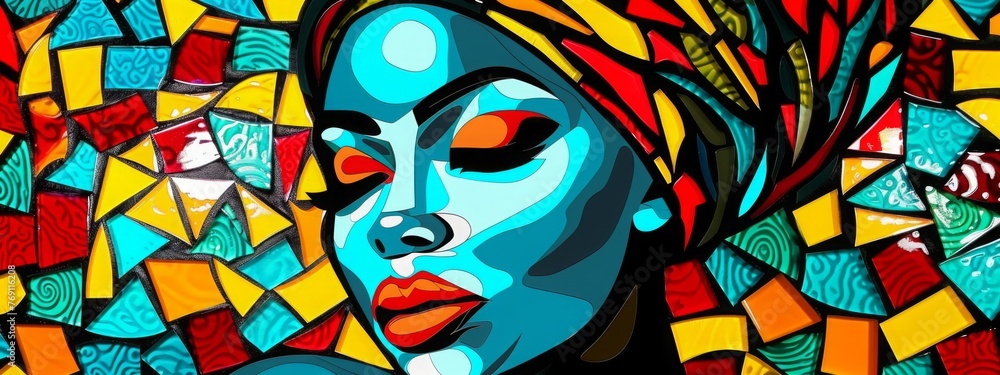Portrait of African American woman with closed eyes and a headscarf, mosaic and paint