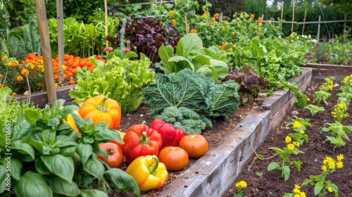 Colorful vegetable patch with tomatoes and herbs