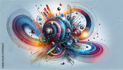 Abstract dynamic composition with swirling elements and spheres, suggesting a fusion of art and technology. photo