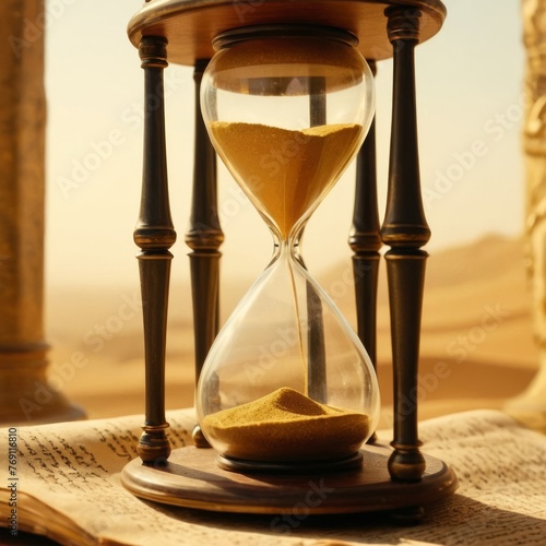 An hourglass with golden sands is poetically juxtaposed against a desert backdrop, evoking the passage of time and eternity