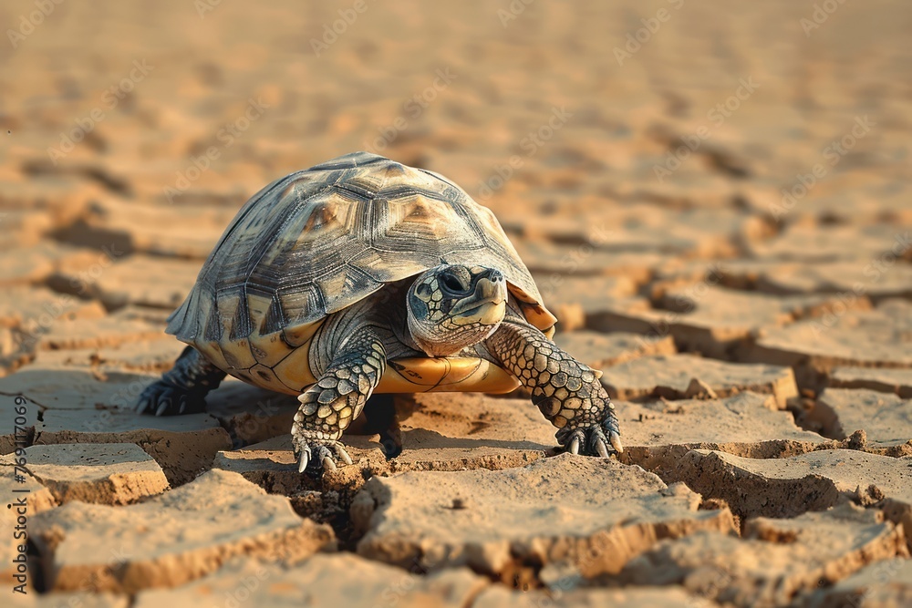 Obraz premium A single turtle s journey through drying lands climate change symbolism