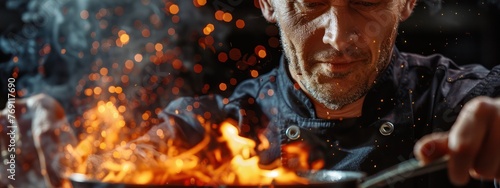 Close-up of a chefs face in focus with a levitating flaming skillet