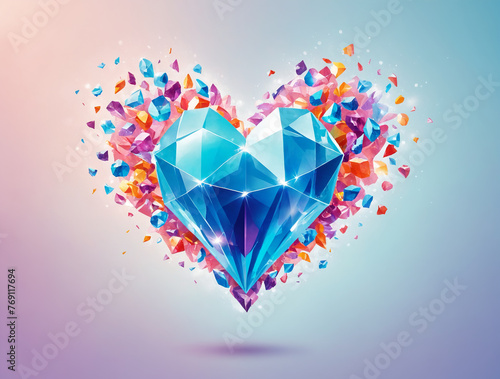 Abstract bright heart in the form of a gemstone surrounded by fragments