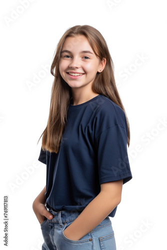  Smiling teenage girl standing isolated on a transparent background, smiling girl, super realistic studio shot photo