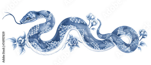 Chinese New Year 2025 Zodiac Snake. Blue and white porcelain snake with floral pattern skin in style of ancient Asian art. isolated illustration