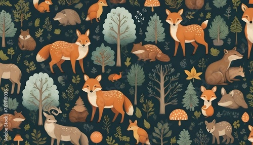 Pattern with a woodland - inspired design, forest animals and nature motifs created with generative ai photo