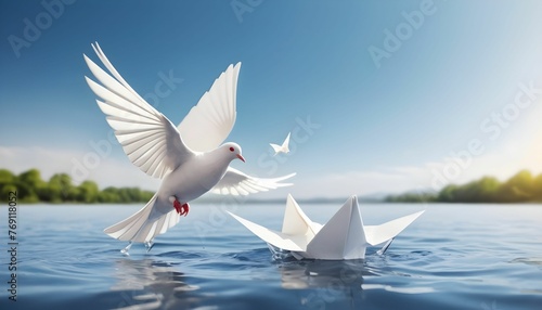 Peace concept to show the Freedom of White Origami Dove or Pigeon Flew from the Water into the Sky. International World Peace Day, Human Rights, Love, and Hope created with generative ai. photo