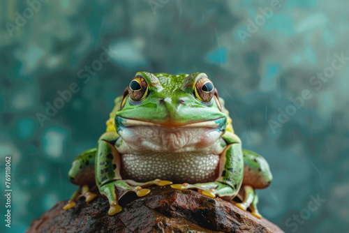 A frog poses for a portrait in a studio with a solid color background during a pet photoshoot.  
