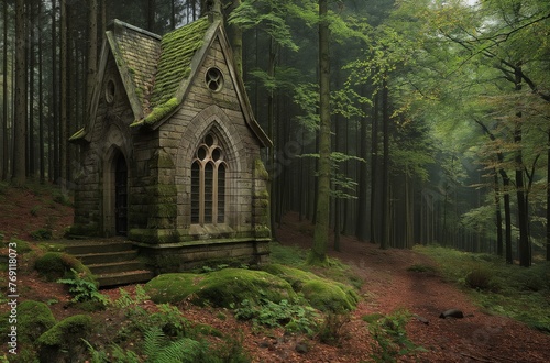 Moss covered chapel in woods