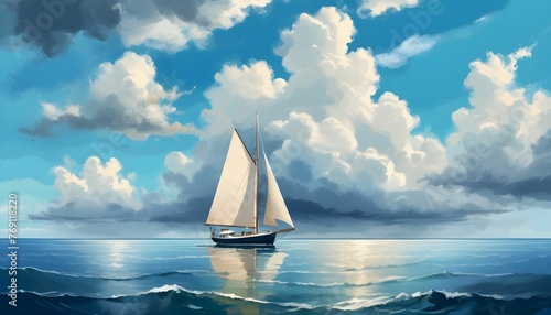 sailing ship in the sea, The sailboat in the sea against the summer sky with big clouds created with generative ai. 