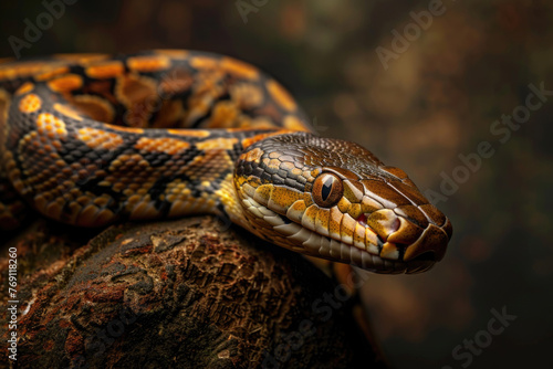 A purebred snake poses for a portrait in a studio with a solid color background during a pet photoshoot.