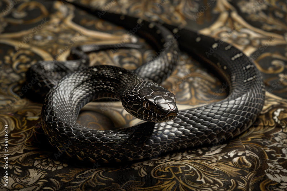 Fototapeta premium A purebred snake poses for a portrait in a studio with a solid color background during a pet photoshoot.