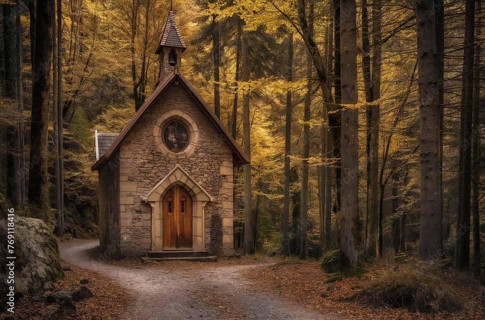 Stone chapel in autumn forest