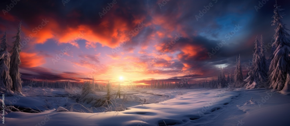 A serene winter landscape with the sun setting behind snow-covered trees and a blanket of snow on the ground