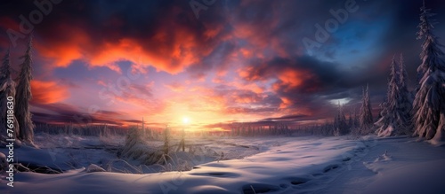A serene winter landscape with the sun setting behind snow-covered trees and a blanket of snow on the ground