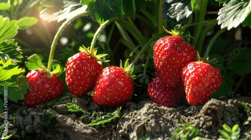 Fresh strawberries flourishing in sunlit garden