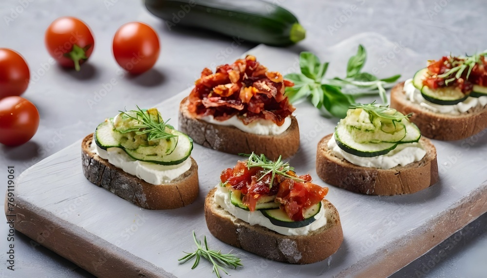 bread toast, canape with cream cheese, zucchini and dried tomato with herbs created with generative ai.