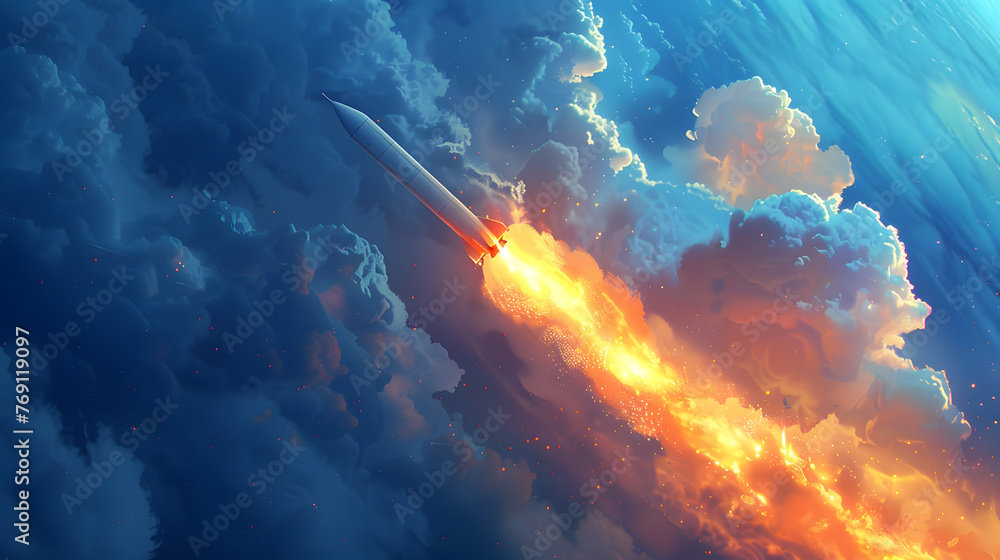 Rocket soaring through the atmospheric clouds in the electric blue sky