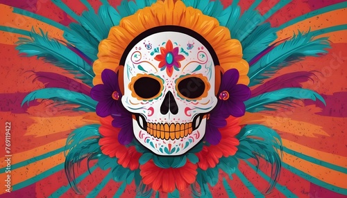 Cinco de Mayo. Calavera Abstract Mexican Skull Face Paint. An abstract banner featuring a portrait in Mexican carnival style created with generative ai. photo