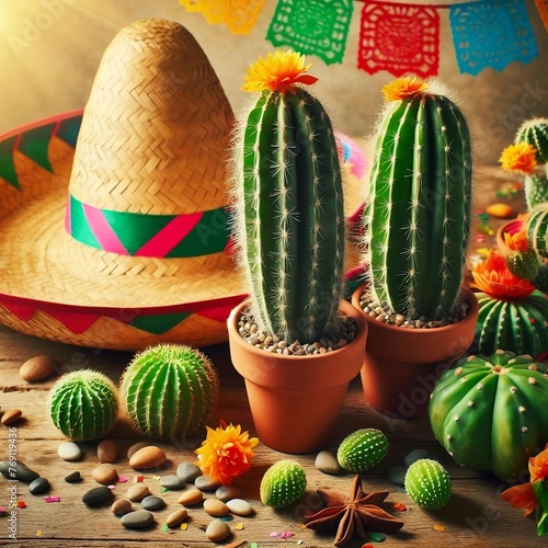  Cinco de Mayo holiday background with Mexican cactus and party sombrero hat on wooden table created with generative ai.