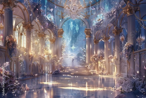 a grand and opulent ballroom set in the celestial realm, where celestial beings and otherworldly creatures come together for a night of elegance and enchantment photo