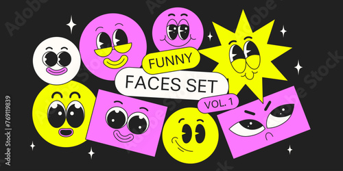 A collection of stickers with funny faces and emotions. In trendy bright colors. Retro groovy style. Vector illustration.