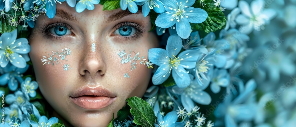 A close-up of a woman with blue flowers on her face, her face partially covered by leaves and flowers A close-up of a woman with blue flowers on her face, her face partially covered by leaves and flowers