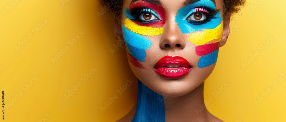   A woman's face is painted with vibrant colors and features an afro hairstyle and blue eye shadow