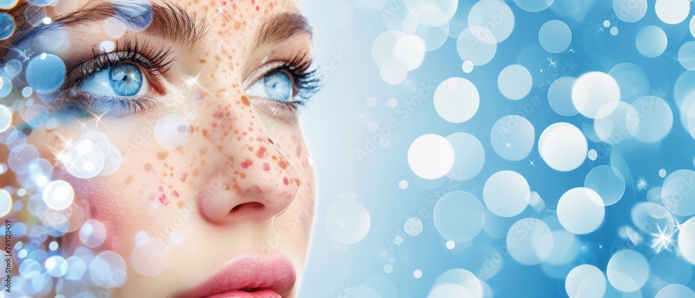 A close-up of a woman's face with blue eyes and a snowflake pattern on her forehead A close-up of a woman's face with blue eyes and a snowflake pattern on her forehead
