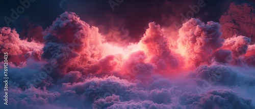   A sky brimming with an array of fluffy pink and purple clouds against a backdrop of cerulean blue, dotted with sparse white wisps #769120435