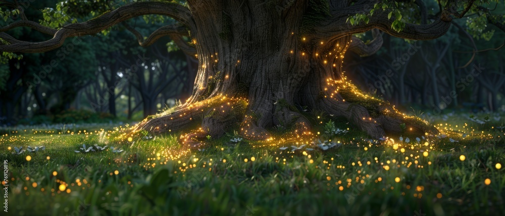   A tree illuminated by fairy lights, set against a backdrop of lush grass and vibrant flowers in a field