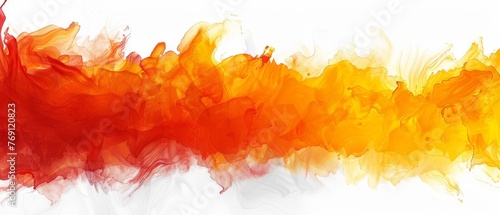  An orange and yellow abstract painting on a white background with a red and yellow stripe below it