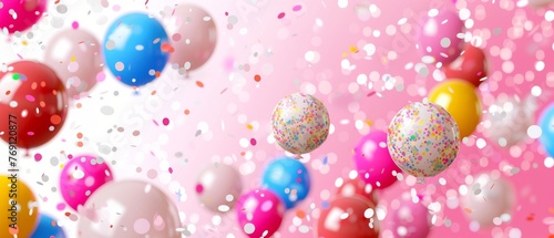  Pink background with floating balloons, confetti, and sprinkles