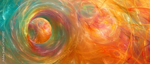   Multicolored painting of swirls in shades of orange, yellow, blue, green, with red at center