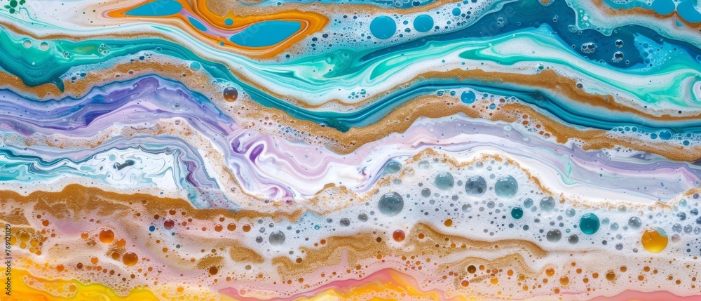   A high-resolution image of a painting featuring vibrant shades of paint and a captivating wave of water at its center