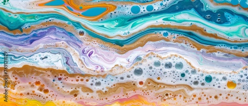  A high-resolution image of a painting featuring vibrant shades of paint and a captivating wave of water at its center