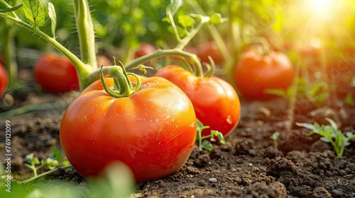 Organic tomato plant with ripening fruit in soil