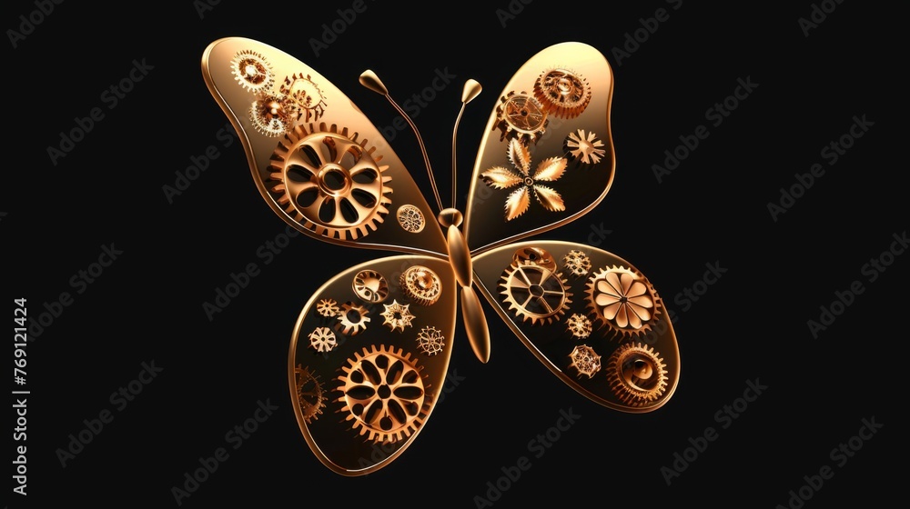 A butterfly with gears on its wings, displayed against a black backdrop with the wings shaped like gears A butterfly with gears on its wings, displayed against a black backdrop with the wings shaped like gears