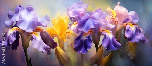 Purple and yellow iris flowers arranged in a vase placed on a table for decoration