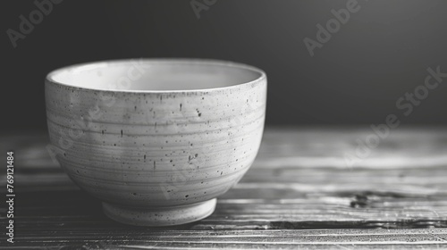 A monochromatic picture of a white ceramic dish atop a wooden table, accompanied by a grayscale image of its interior