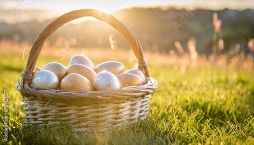 basket of easter eggs on green grass at sunny day