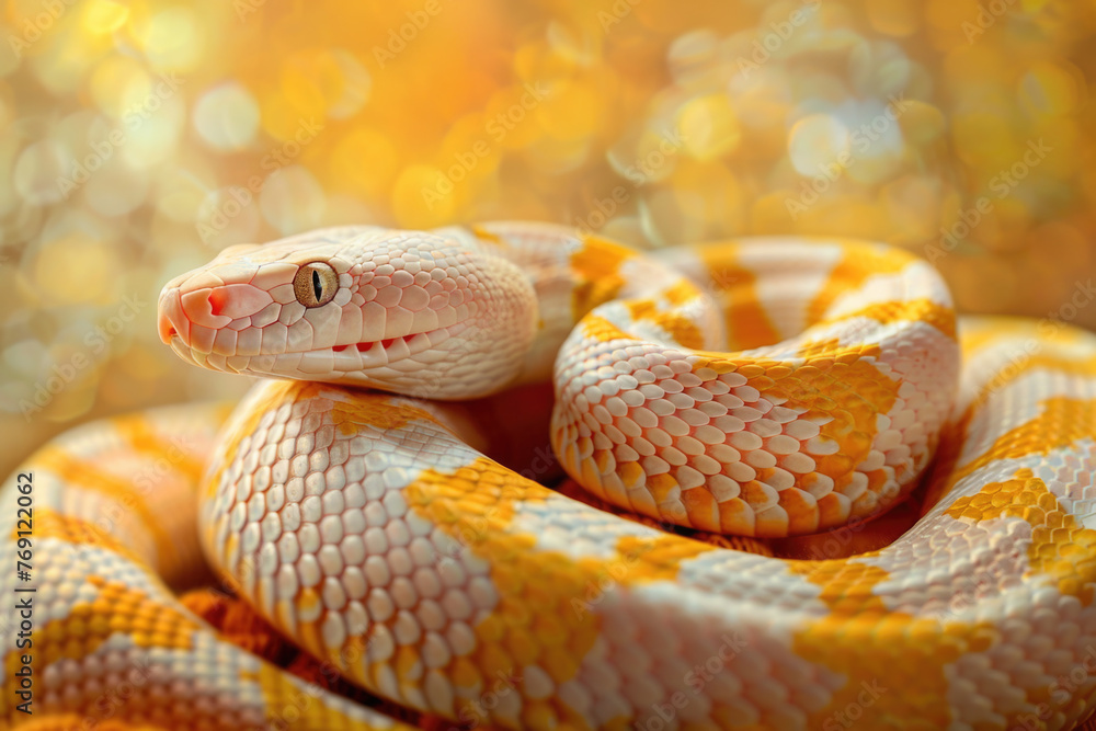 Fototapeta premium A purebred snake poses for a portrait in a studio with a solid color background during a pet photoshoot.