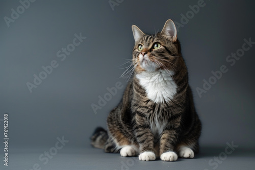 A pedigreed cat poses for a portrait in a studio with a solid color background during a pet photoshoot.