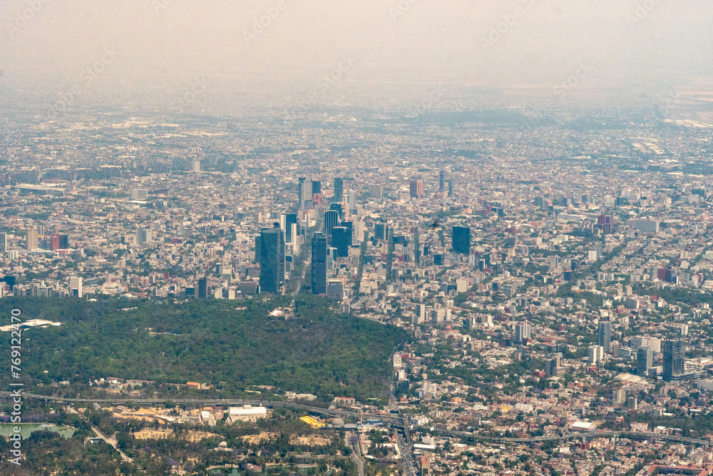 Aerial view of Mexico City CDMX featuring the Avenue De Reforma and the Parque De Chapultepec