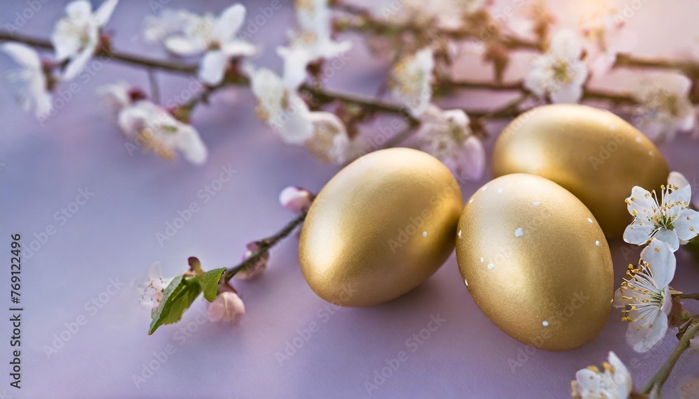 happy easter eggs with spring blossom on a pastel violet background