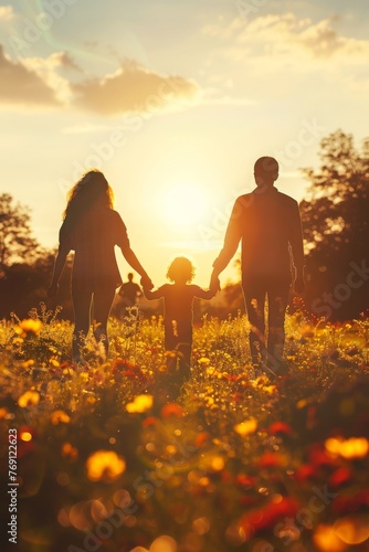 A Family Tranquil Walk in the Glow of Sunset, Embracing the Simple Joys of Togetherness and Nature, Generative AI