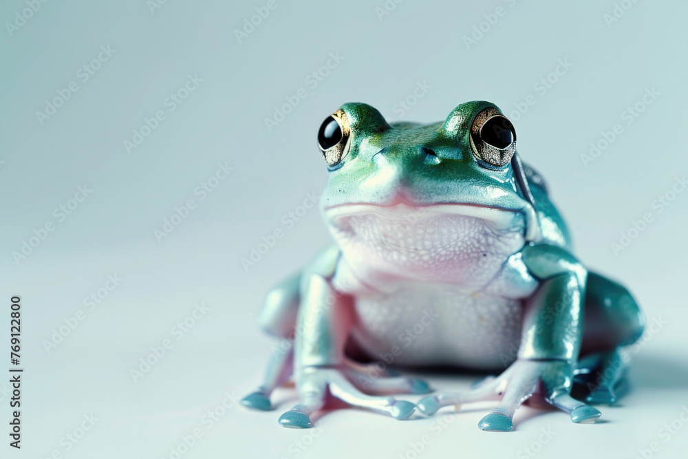 Obraz premium A frog poses for a portrait in a studio with a solid color background during a pet photoshoot.